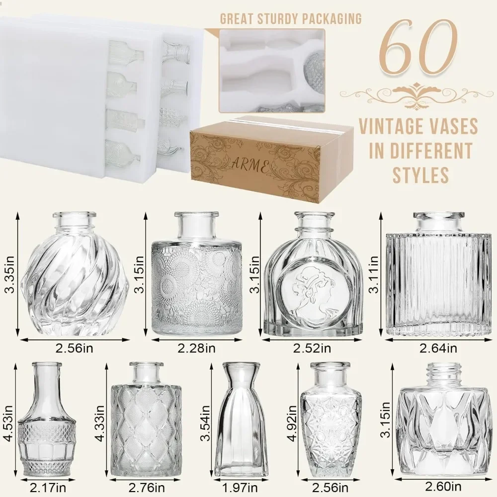 Vase Set of 60 Pcs, Small Clear Glass Bud Vases in Bulk for Flowers, Rustic Wedding Centerpieces and Vintage