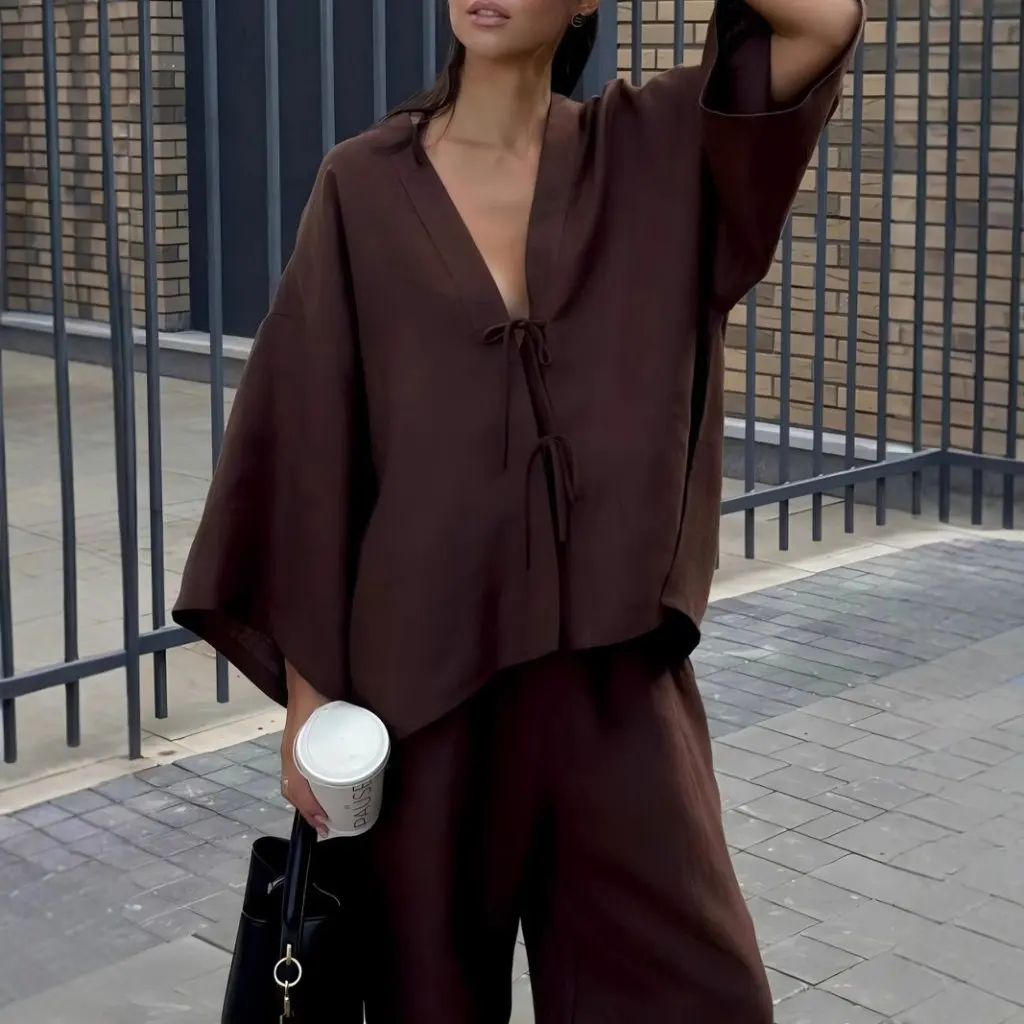 

Повседневный хлопковый костюм для женщин, весна-лето, куртка на шнуровке, комплект широких брюк, европейский и американский стиль, оптовая продажа