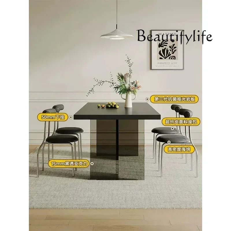 N Acrylic rock slab dining table pure black light luxury modern simple hanging rectangular floating table