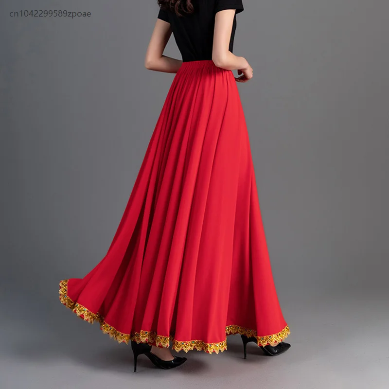 Damen 720-Grad-einfarbiger Tanzrock, spanischer Flamenco, großer Schaukel, hohe Taille, langer Rock, mexikanisches Tanzaufführungskostüm
