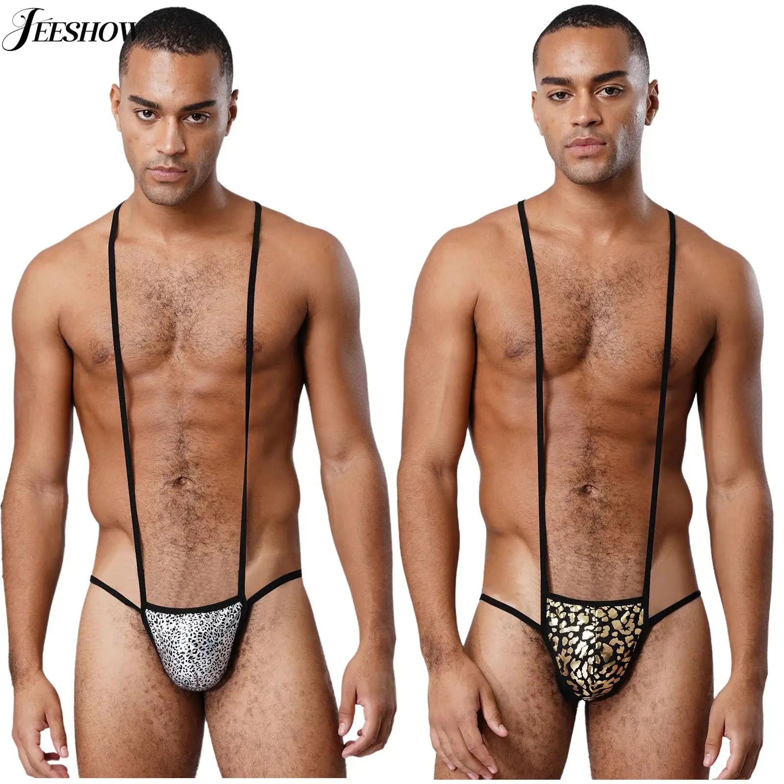 

Mens Shiny Metallic Printed Micro Monokini Y-back Strap T-back Underwear Spaghetti Straps Mini Bulge Pouch Jockstraps Leotard