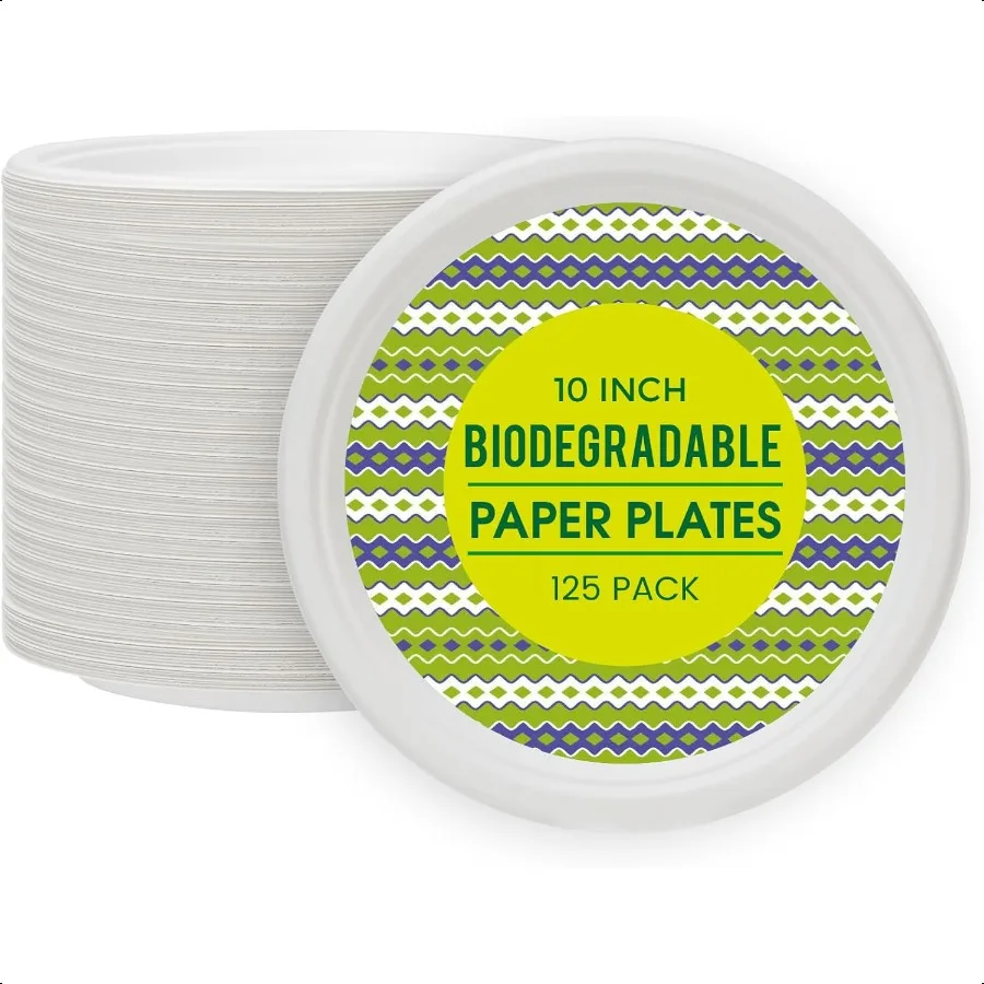 

Paper Plates 10 Inch [125 Count] 100% Compostable Disposable Plates Heavy Duty Made of Bagasse Biodegradable EcoFriendly Paper