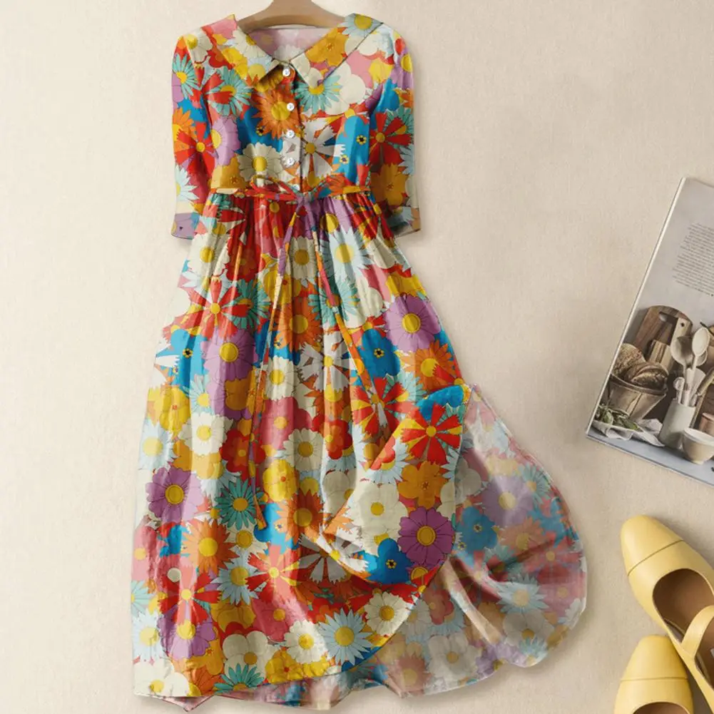 

Lapel Midi Dress Women Bohemian Dress Bohemian Style Floral Midi Dress Pleated Lace-up Belt Mid Sleeves for Dating Vacation