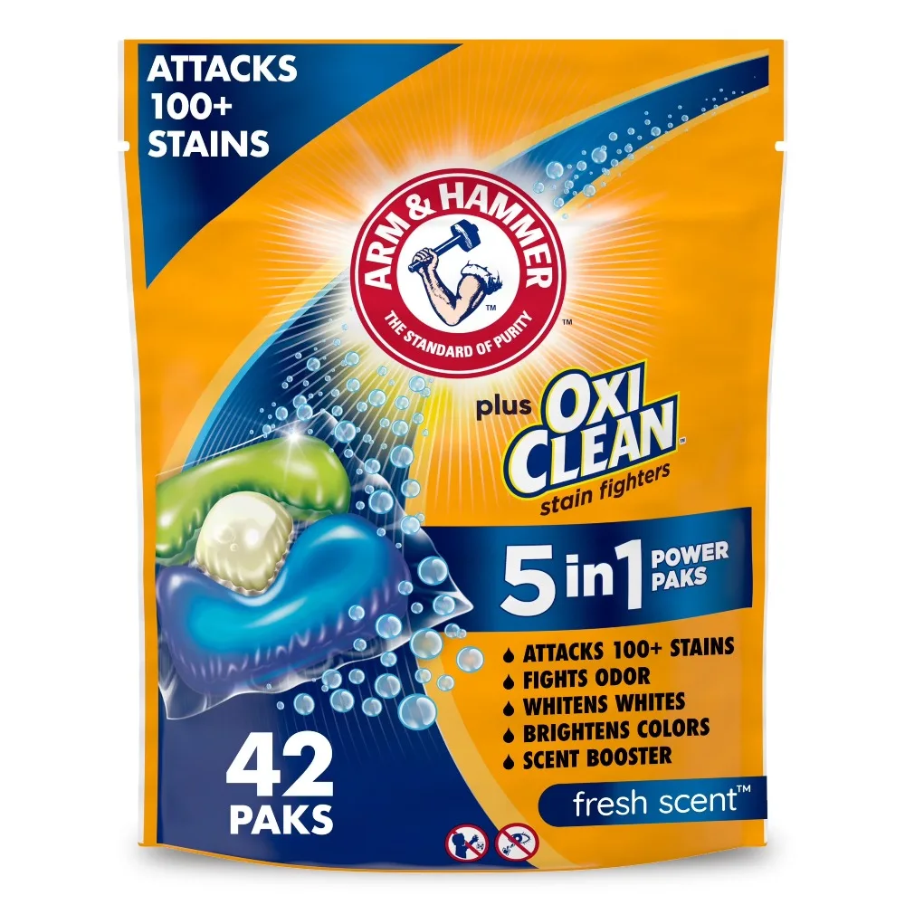 5-in-1 Laundry Detergent Paks with Fresh Scent, 42 Count, All-in-One Stain Remover and Odor Eliminator for Washing Machine, Effective Cleaning for Clothes