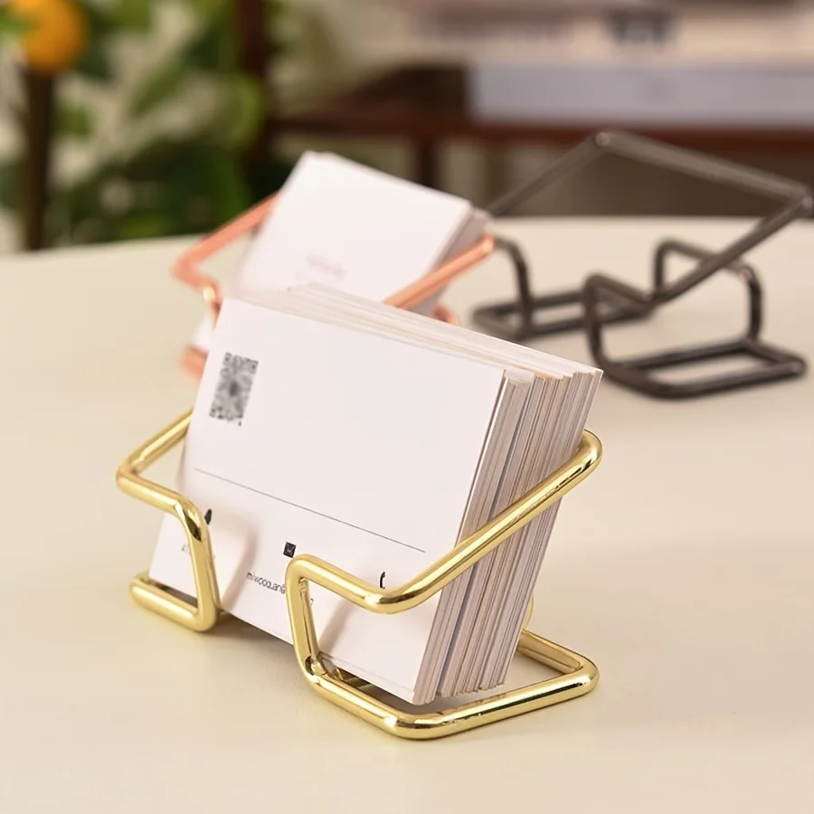 1 Pc Heavy-Duty Iron Business Card Holder, Elegant  Design, Sturdy Metal Desk Stand with Curved Top & Open Base