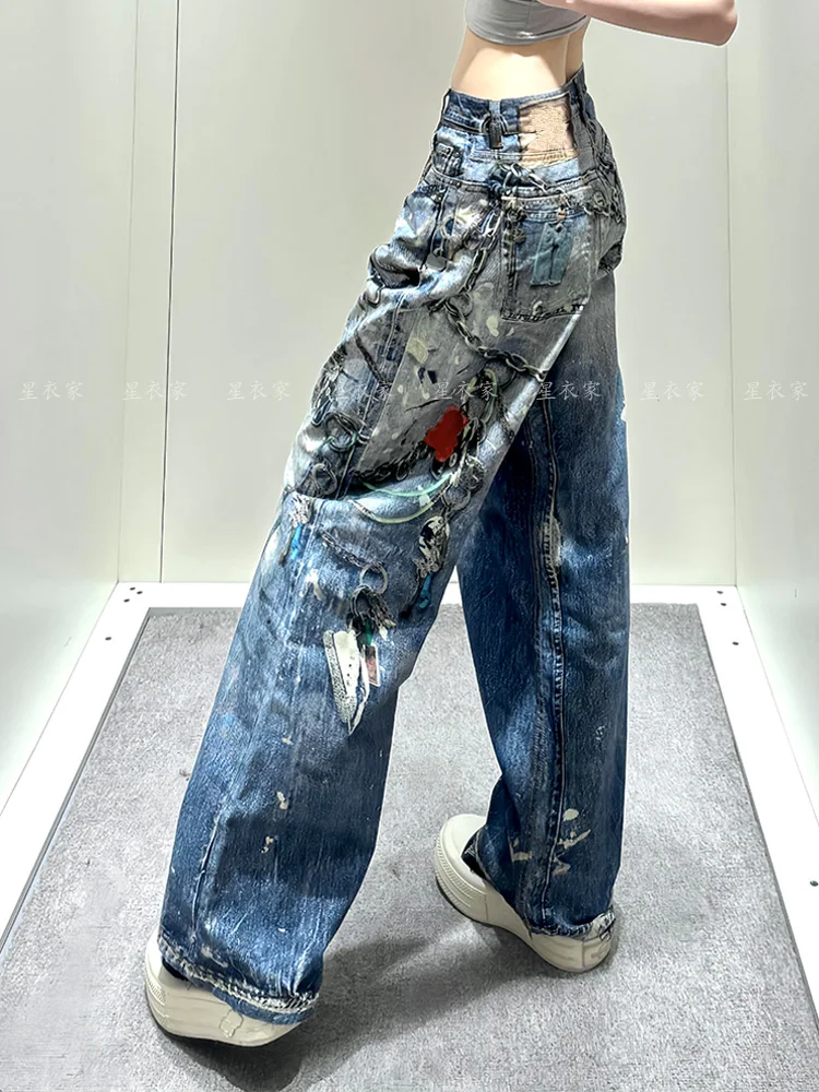 

American Retro Heavy Pendant Chain Jeans for Women, Hot Girl High Street Design, Digital Color Print Floor-Length Pants