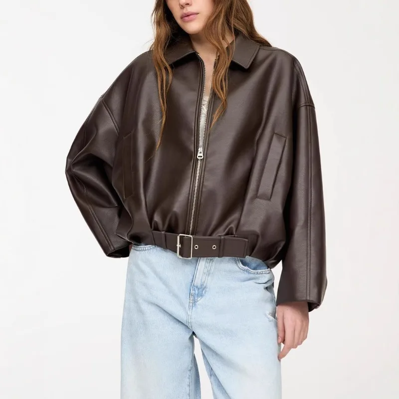 Shpmishal Spring American Pilot Jacket Retro Casual Synthetic Leather Top Coat European and American Women's Clothing