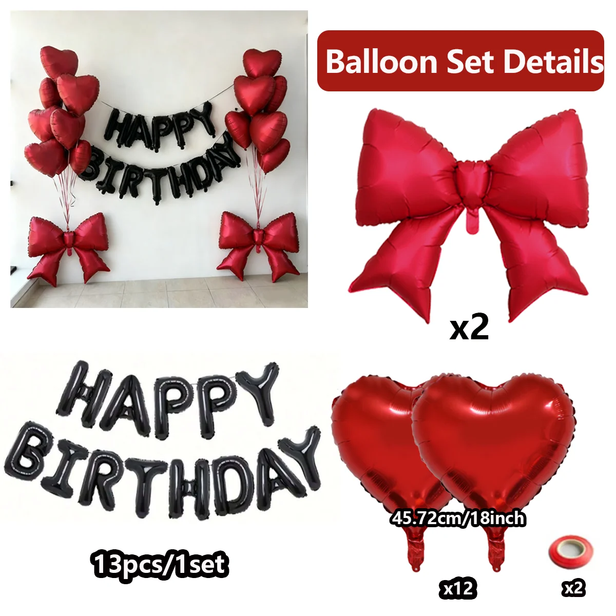 Schwarzes Happy Birthday-Ballon-Set, rotes Herz, Ballon, Schleife, Aluminiumfolie, Ballon für Geburtstagsparty-Dekoration, Fotografie-Requisiten – Detail 2