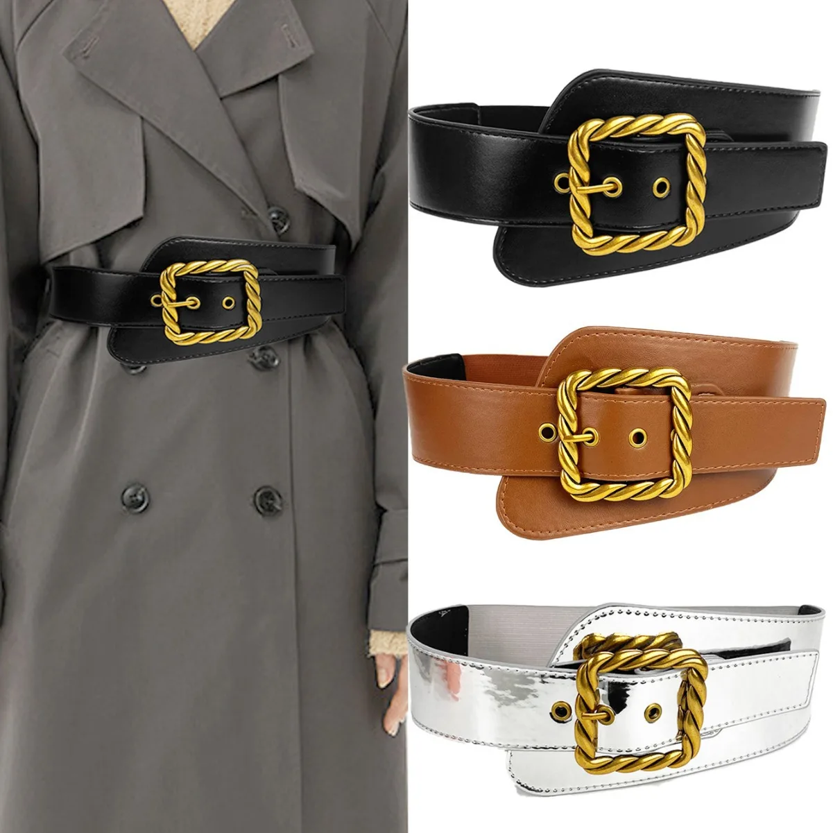 Designer Elastic Belts High Quality Female Waist Stretch Cummerbunds New Design Punk Style gold Square buckle Coat Dress Belt