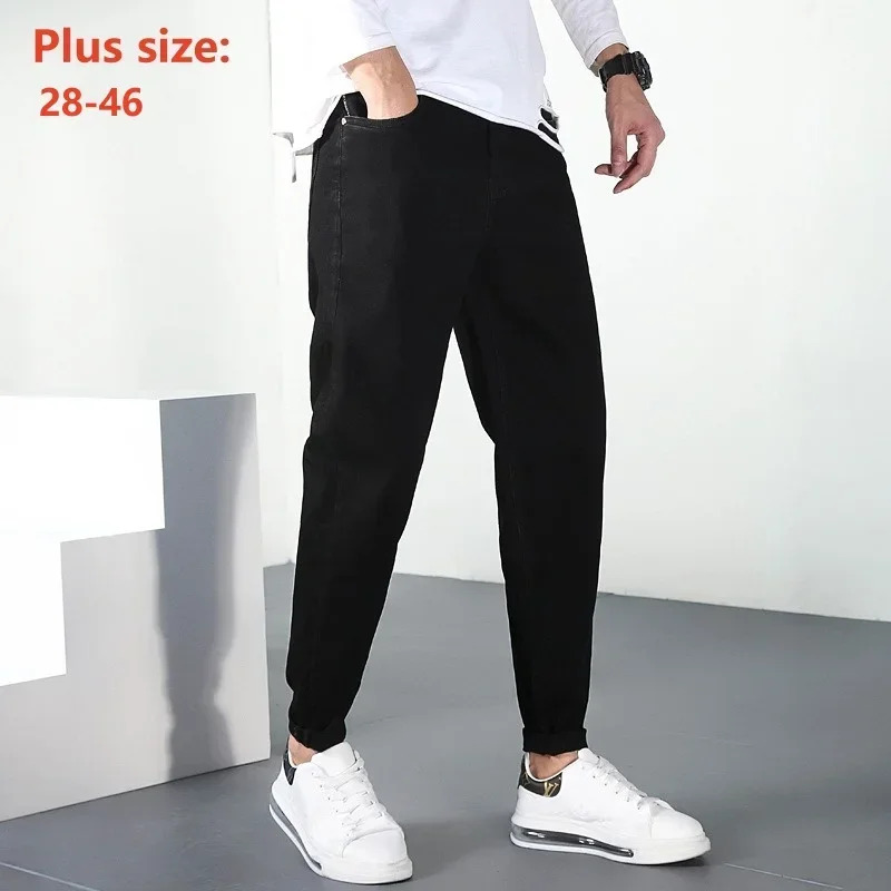 Pure Black Jeans Men Spring Boys Plus Size 44 46 Elastic Harem Pencil Pants Loose Soft Stretched Long Daily Male Denim Trousers