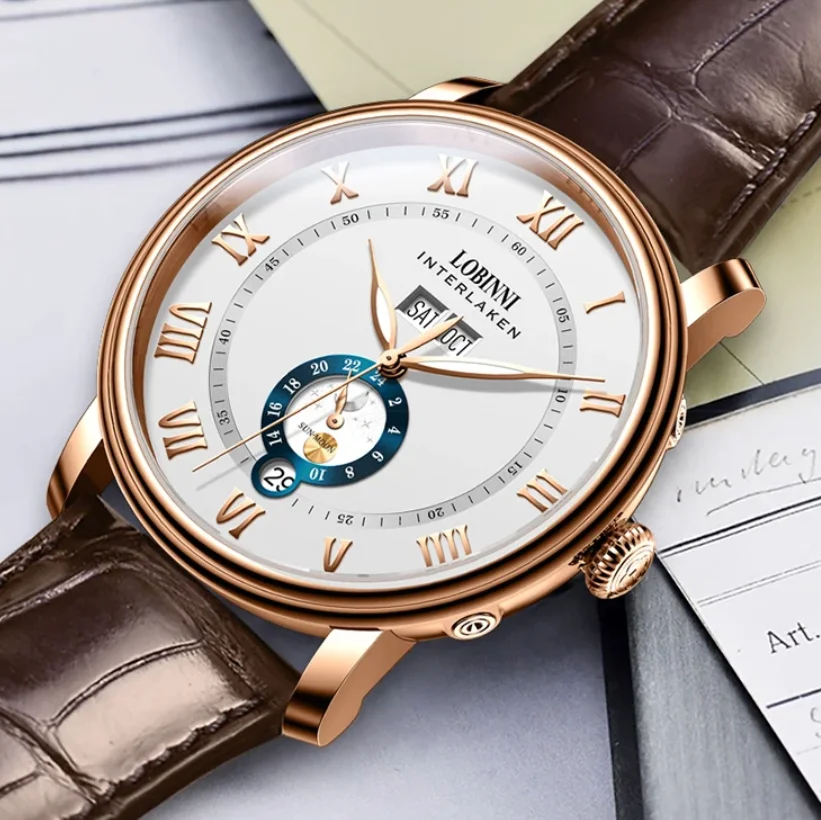 LOBINNI Мужские автоматические часы 40 мм Механические наручные часы 50 м Водонепроницаемые сапфировые часы с несколькими циферблатами Месяц Неделя Дата