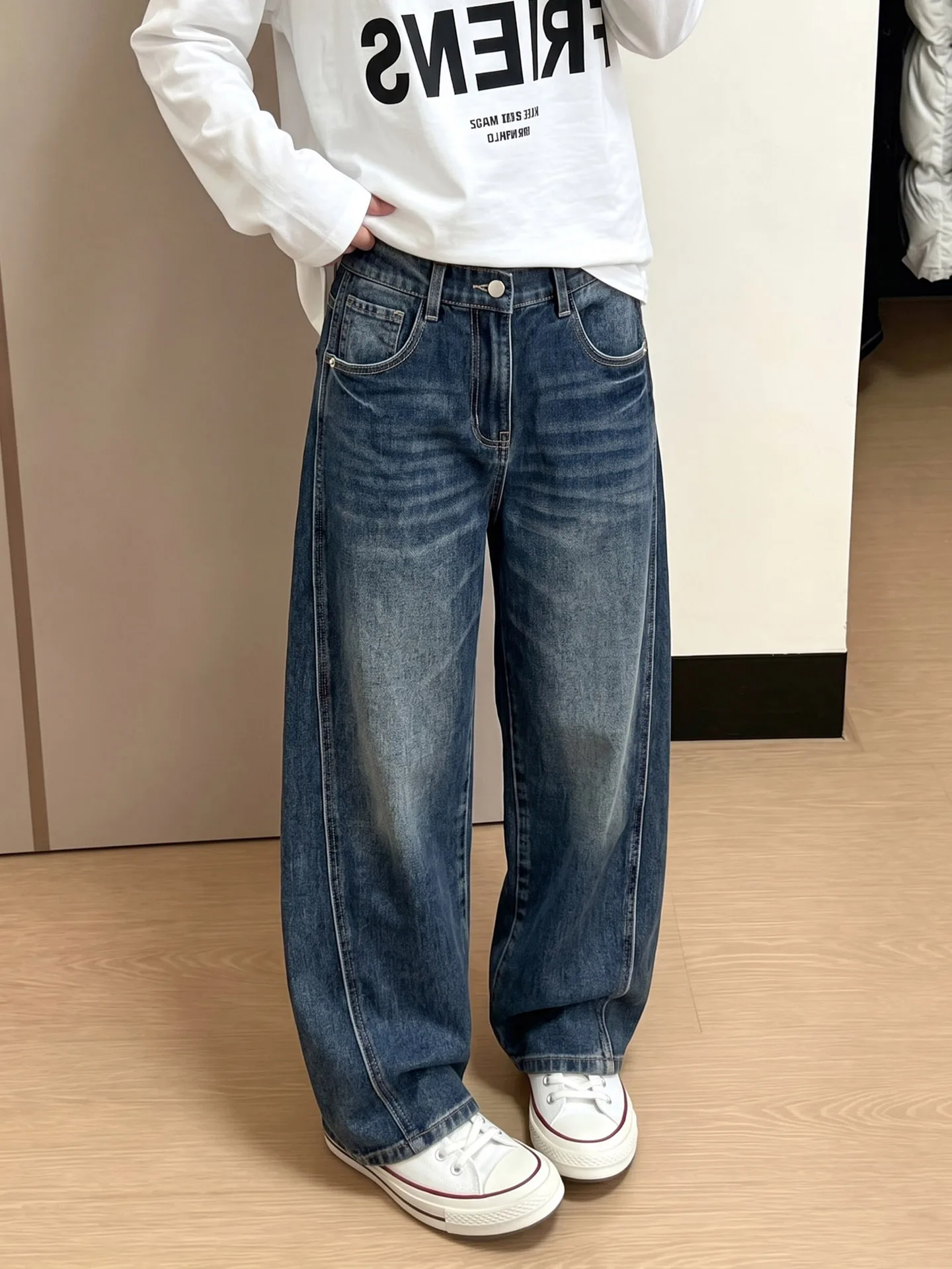 Calça Jeans Unissex de Cintura Alta e Perna Larga, Caimento Solto, Estilo Vintage, Confortável, em Mistura de Algodão, para O...