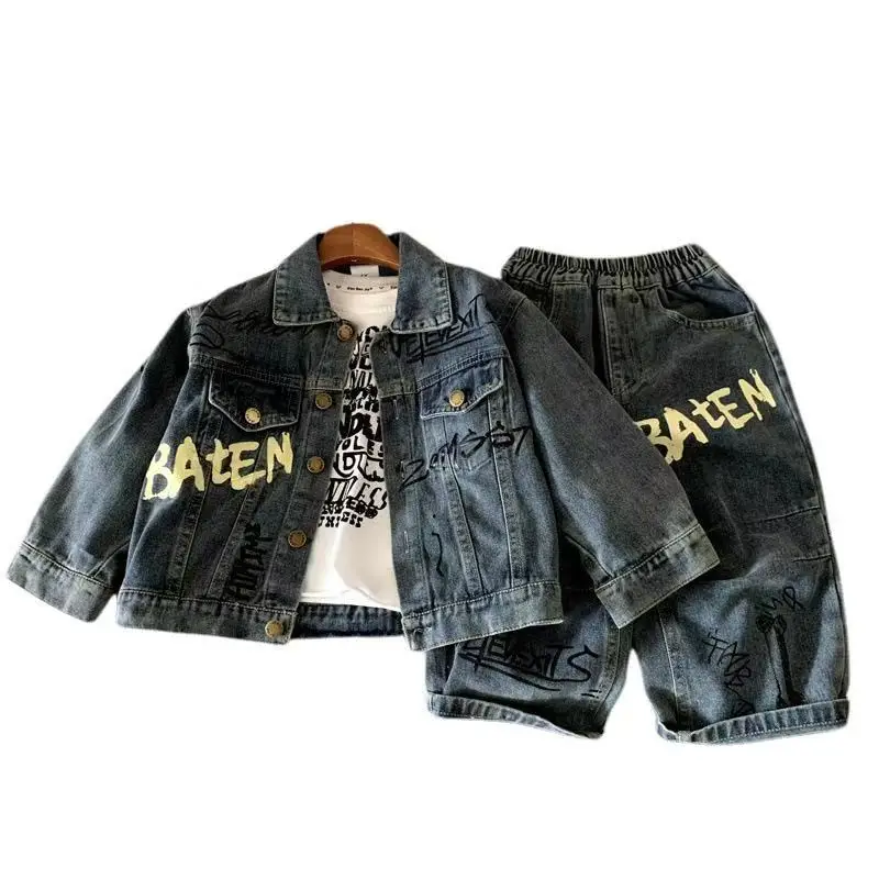 Boys Denim Set Spring Autumn New Korean Style Kids Clothes Fashion Trendy Letter Print Denim Jacket Jeans Two Piece Set