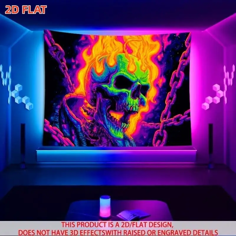 VIKAMA Neon Flame Skull Tapestry Chain Psychedelic Polyester Wall Hanging Spooky Aesthetic Bedroom Dorm Living Room Home Decor