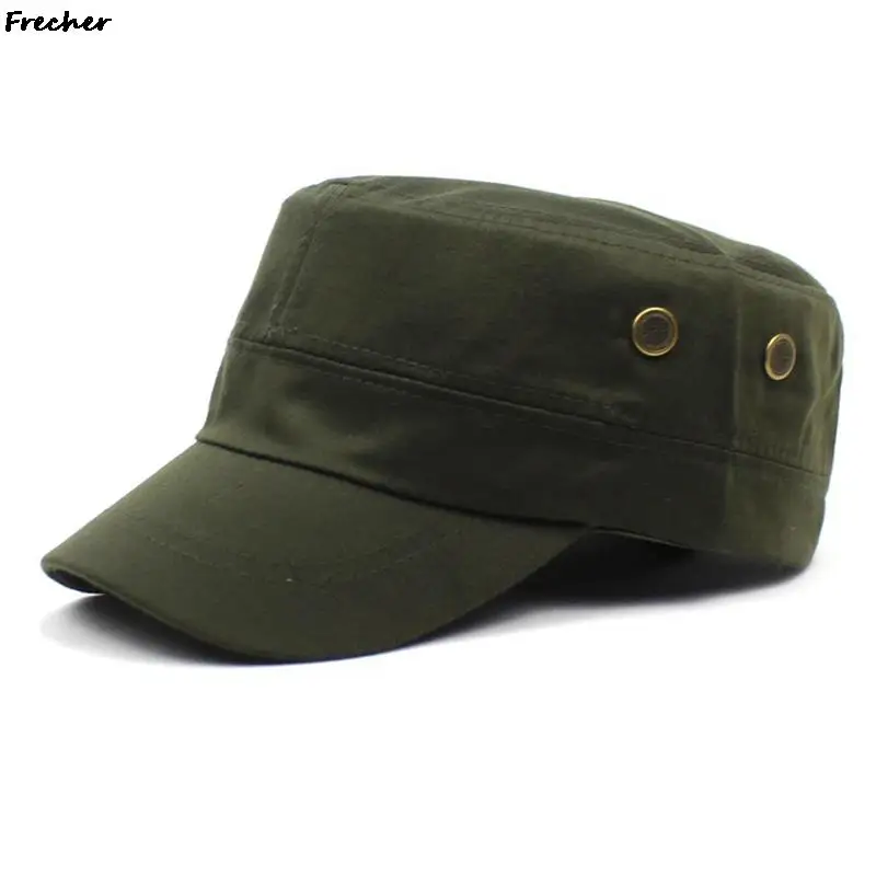 Metal Button Military Hats Summer Autumn Casual Cadet Hat Washed Cotton Flat Top Caps Retro Army Cap Men Outdoor Casquette Visor