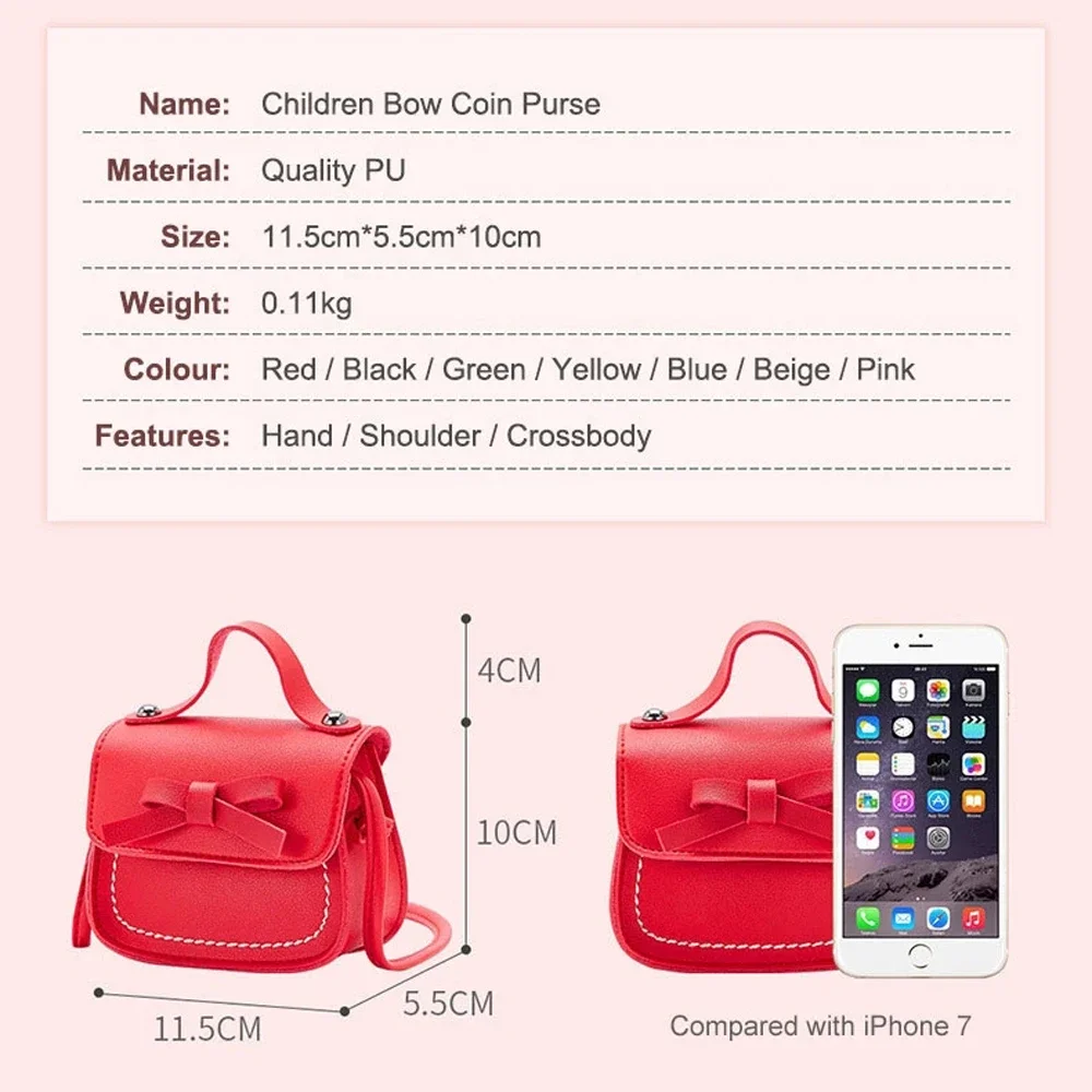 Bolsa crossbody de couro PU com mini arco para meninas, porta-moedas para crianças, bolsa infantil, bolsa de ombro, moda fofa, 1pc