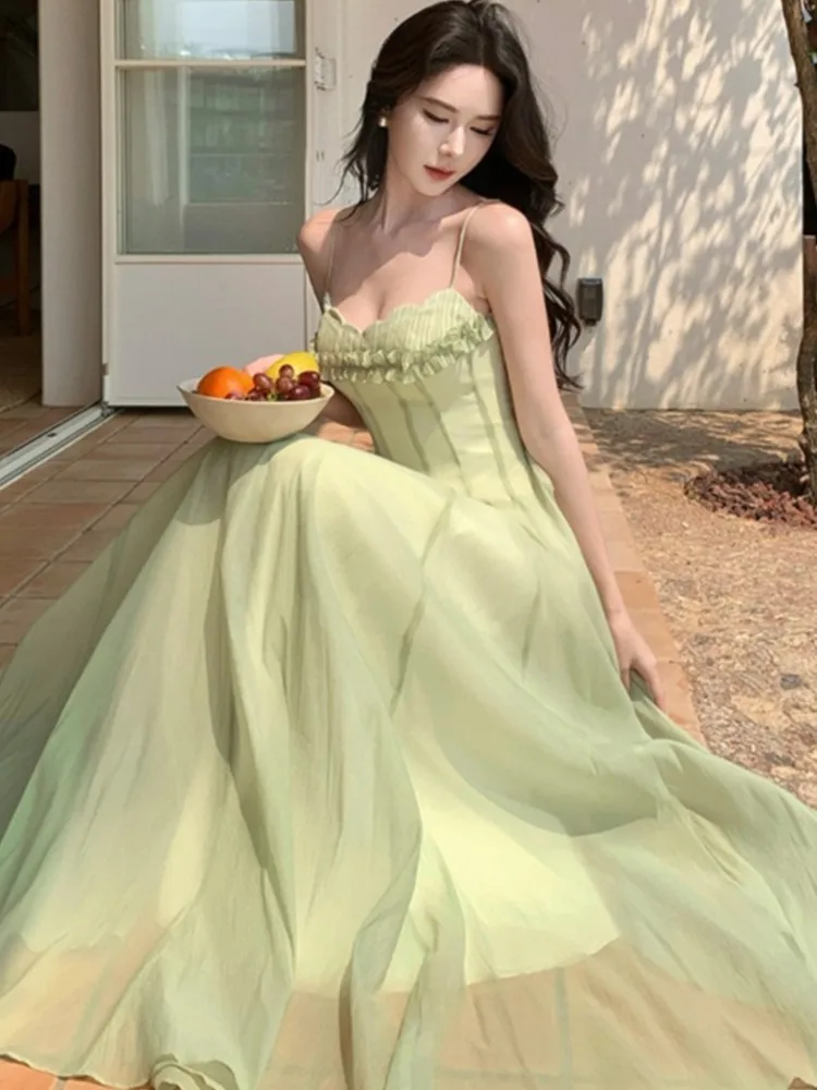 

Women Retro Sexy Sleeveless Backless Ruffles Pleated Slip Dresses French Elegant Party Evening Long Dress Chic Holiday Vestidos