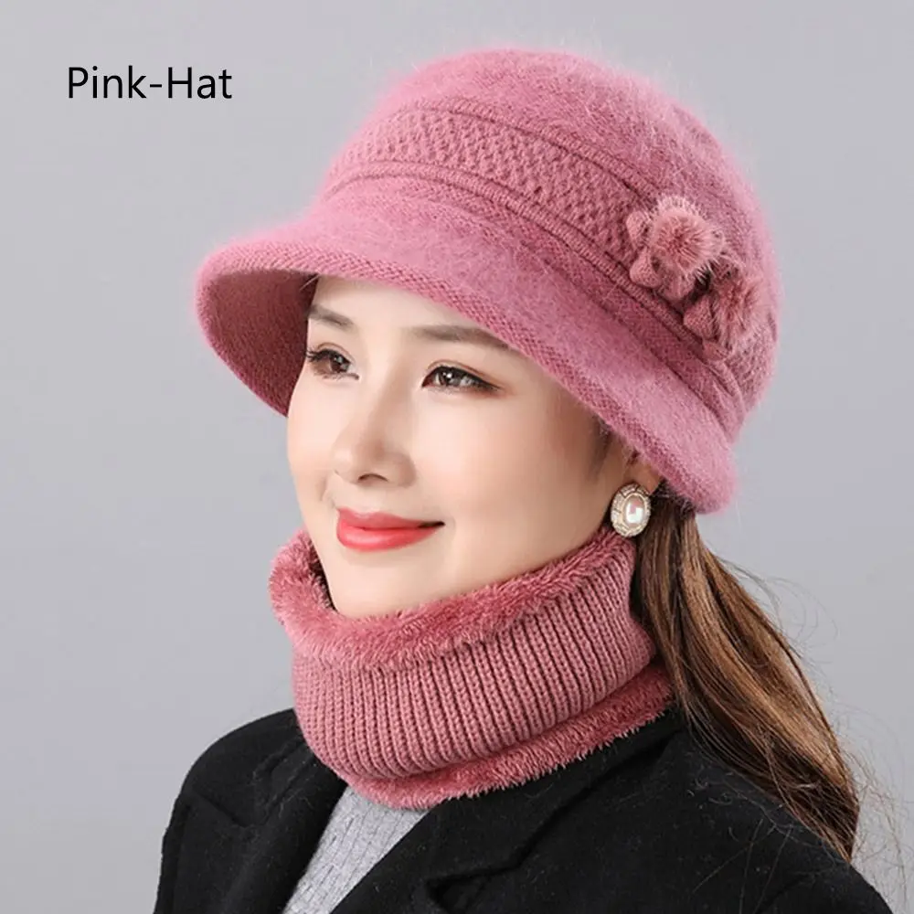 Conjunto de gorro y bufanda a prueba de viento para mujer, gorro de cubo de piel de conejo sintética con flores pequeñas, gorro de mamá de punto grueso, 2 conjuntos