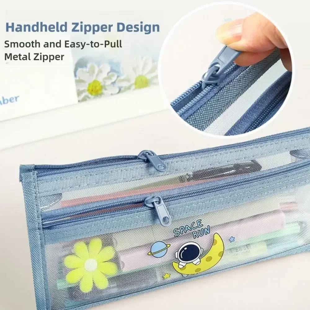 Durable Mesh Pen Bag Transparent Triangle Base Pencil Case Large Capacity Stationery Bag Students