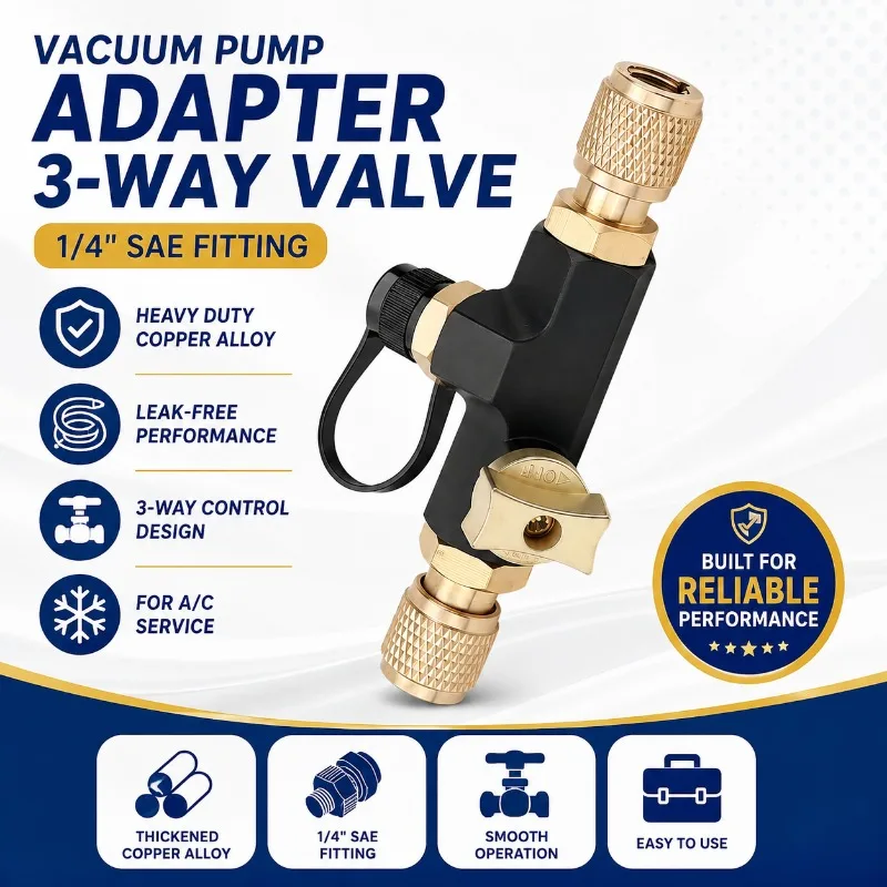 3‑Way Valve Vacuum Pump Adapter Thickened Copper Alloy 1/4 SAE Connector for HVAC Micron Gauge Air Conditioner Maintenance
