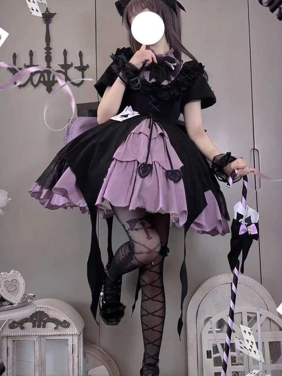 Cos Lolita Girl Strange Thief Spades A Original Lolita Magic Girl High Waist Short Sleeve Dress Retro Gothic Dress