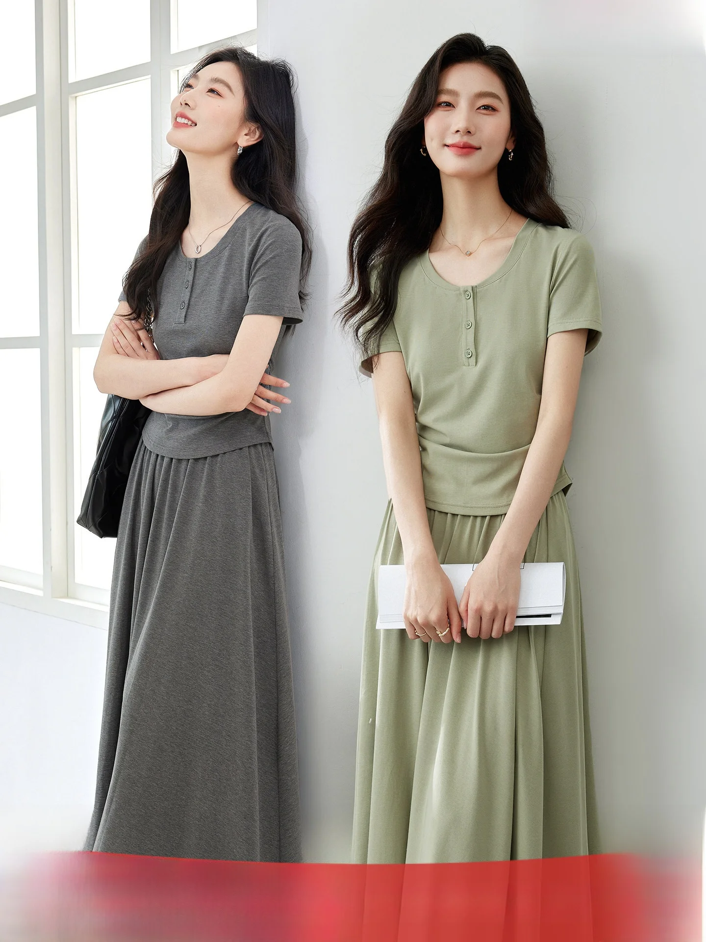

Fashionable Green Summer Outfit Women's T-Shirt Skirt Set Waist-Cinching Top Half Skirt Two-Piece Set Short Sleeve round Neck