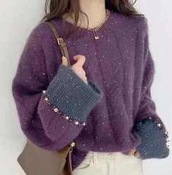 Chic Sequin Beading Sweater Women 2024 Autumn Winter New O-Neck Long Sleeves Warm Knitted Pullover Gentle Elegant Female Tops