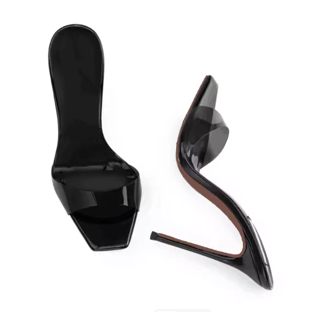 

Новые европейские и американские модные босоножки на высоком каблуке с квадратным носком из черного ПВХ, комплекты для вечеринок, размеры обуви 34-45.