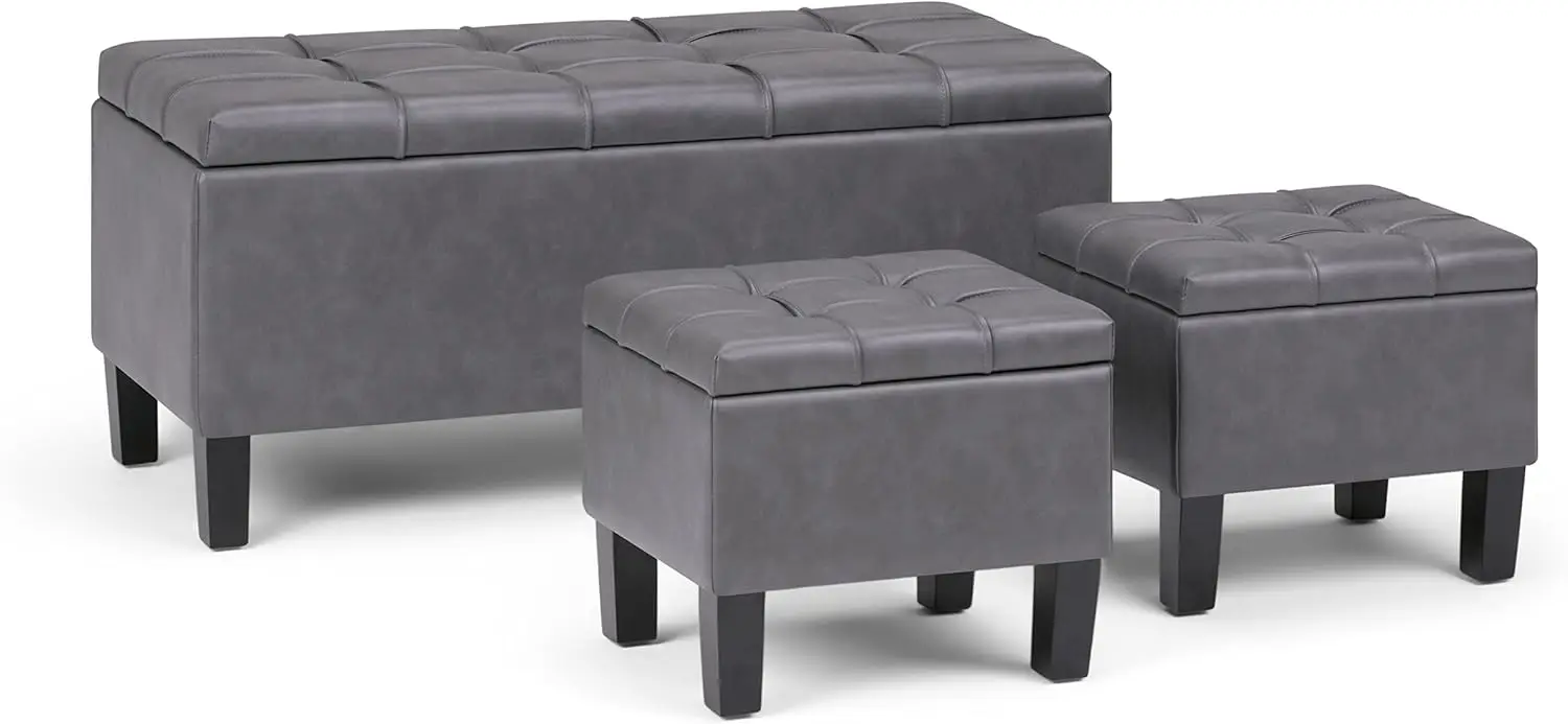 Dover 44 inch Wide Contemporary Rectangle 3 Pc Storage Ottoman in Stone Grey Vegan Faux Leather Assembled