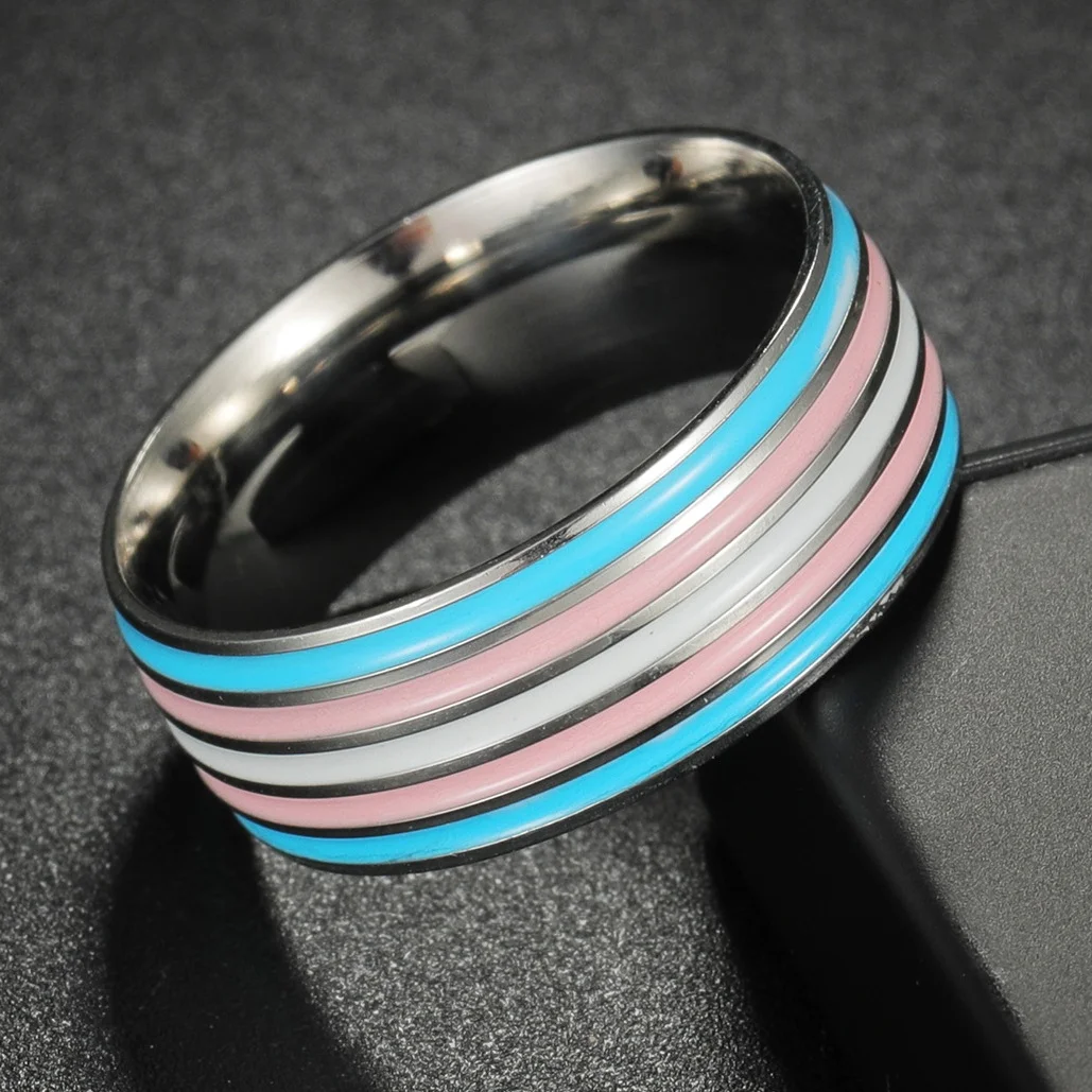 Rainbow Stainless Steel Lesbian LGBT Ring for Women Couple Pride Love Promise Band Stripe Flag Color Engagement Rings