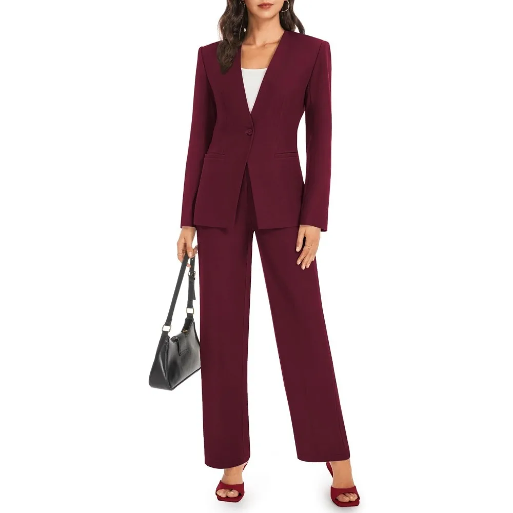 

Women's 2 Piece Business Casual Outfits Collarless Blazer Jacket Wide Leg Work Pants Dressy Suit Set