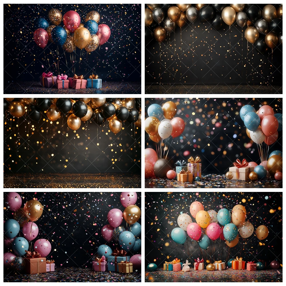 

Girl Boy Birthday Party Balloon Background Arched Door Colored Black Gold Balloon Newborn Baby Bath Cake Smash Photography
