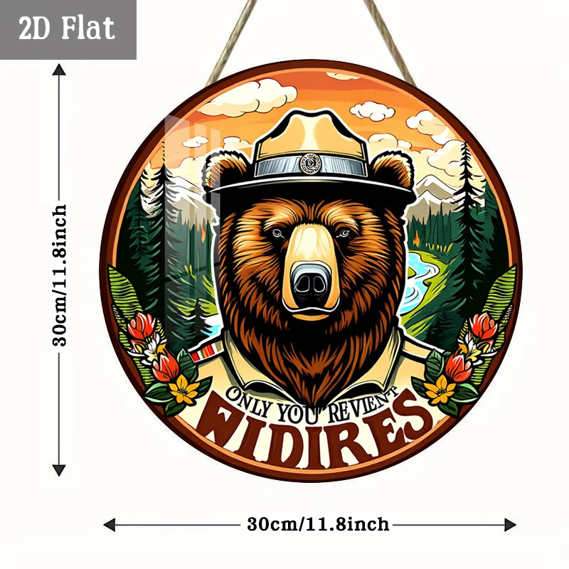 2D Flat, 1pc National Park Ranger Bear Woodblock Wall Art - Retro Round Wood Panel Suitable for Home, Cafe, Garage Decor, Framel