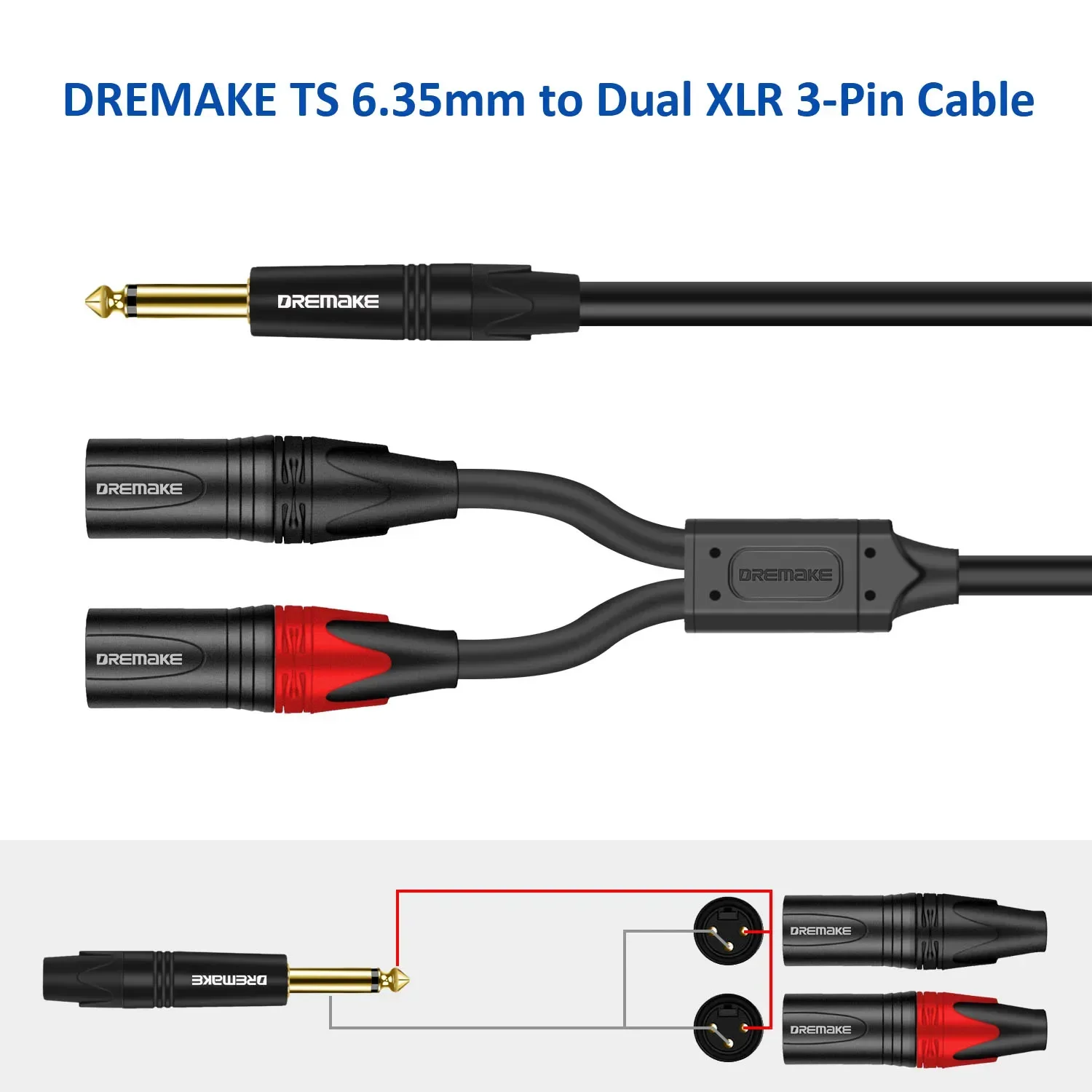 DREMAKE kabel Audio TS do XLR y-splitter 6.5mm TS męski na 2 XLR do kabli mikrofonowych Jack M-F wtyczka aluminiowa metalowa obudowa