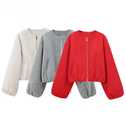 BWQ Red Zipper Bomber Jackets for Women Soft Cropped Jackets Woman 2026 Long Sleeve Woman's Sports Jacket New in Outerwears