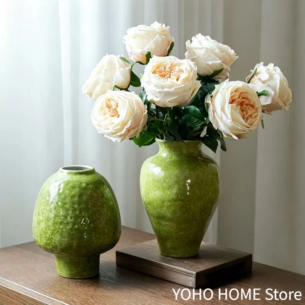 

Chinese-Style Handmade Textured Celadon Pottery Office Study Room Homestay Decorative Vase Retro Light Luxury Tabletop Flower