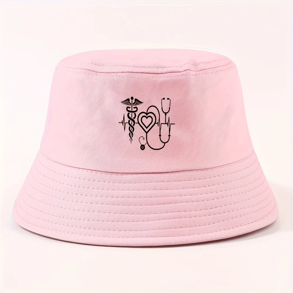 1 chapeau bob médical à motifs de symboles, léger et simple, pour l'été, décontracté, pare-soleil, pour la plage et les voyages