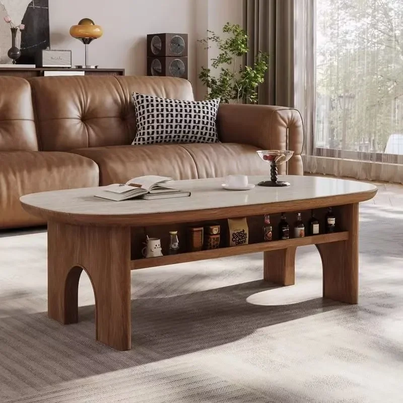 Modern Minimalist Walnut Coffee Table with Antique Rock Slab Top High End Light Luxury Retro Style Living Room Tea Table for