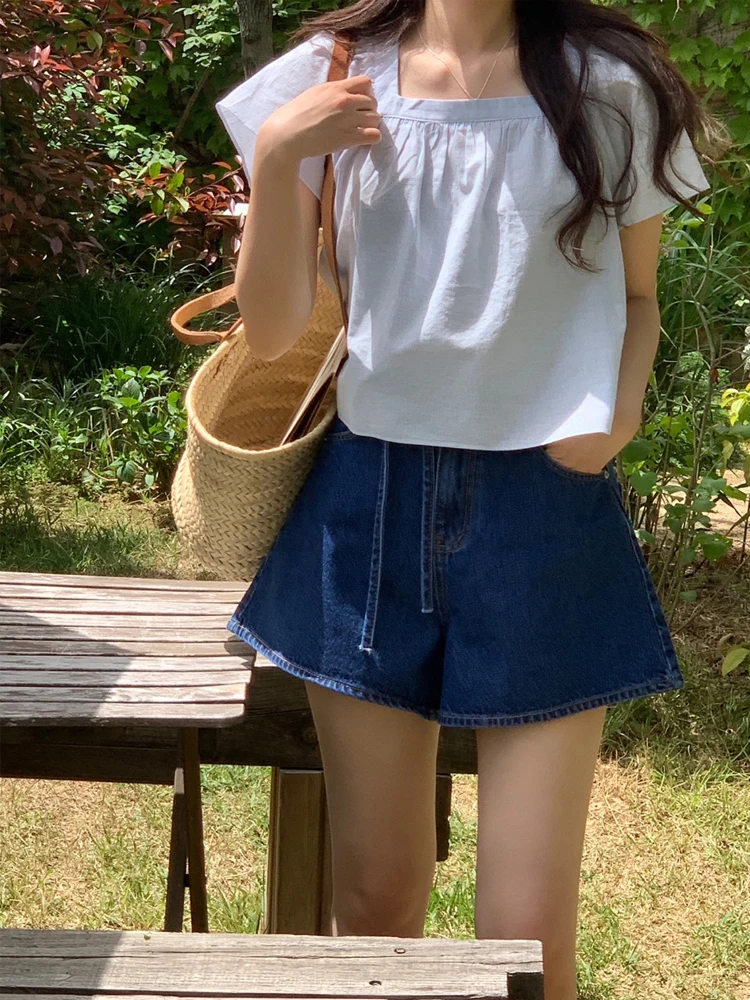 한국 스타일 하이웨이스트 데님 반바지 여성 여름 2024 신상 레그 레이싱 루즈핏 와이드 레그 A라인 벨티드 숏 팬츠