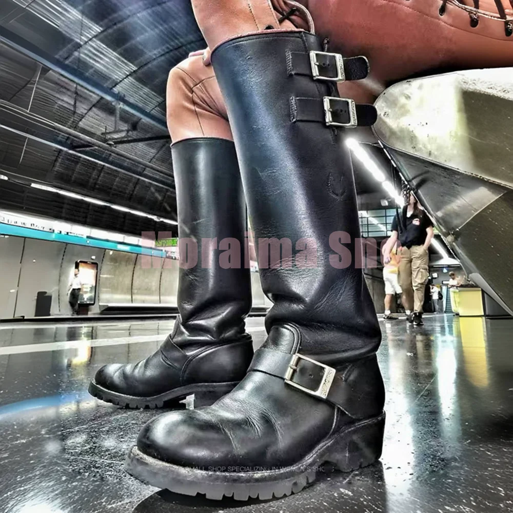 أسود حزام طويل مشبك طويل الرجال الأحذية كتلة صندل بكعب مكتنز الانزلاق على موضة الرجال دراجة نارية الأحذية الخريف الشتاء نمط الشارع 2026 #1