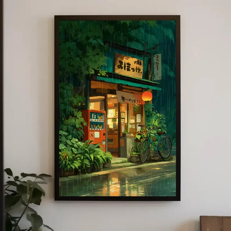 Anime Cafe Shop and Bicycle Canvas Poster Ghibli Work Anime Style Street Cafe Scene Wall Art Printing for Living Room Home Decor