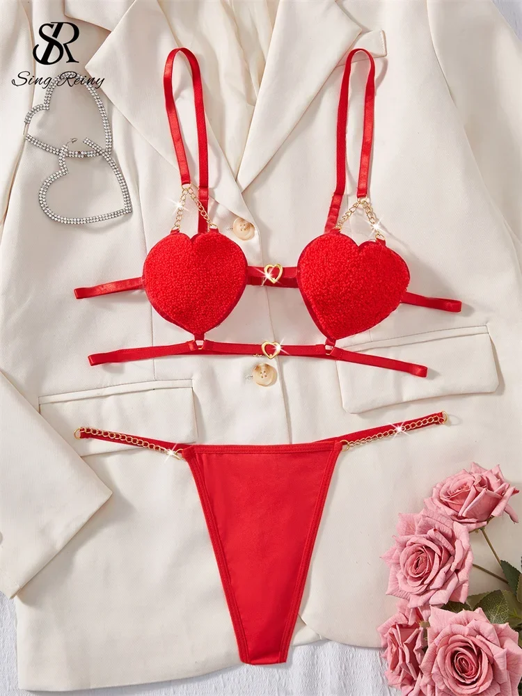 

SINGREINY Christmas Hollow Out Erotic Lingerie Suits Love Design Camis Slim Bra Set Fashion Chain Spliced Porno Underwear Sets