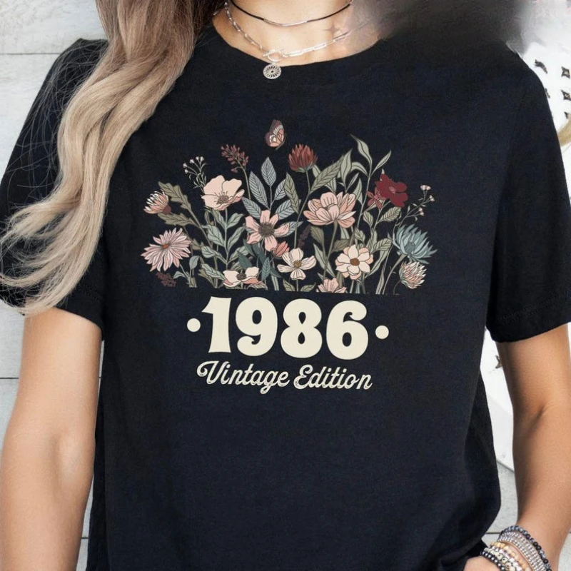 40th Birthday Shirt Flower 1986 Birth Year Number for Women graphic T-Shirt Turning 40 plus Gift Crewneck Short-sleev tops