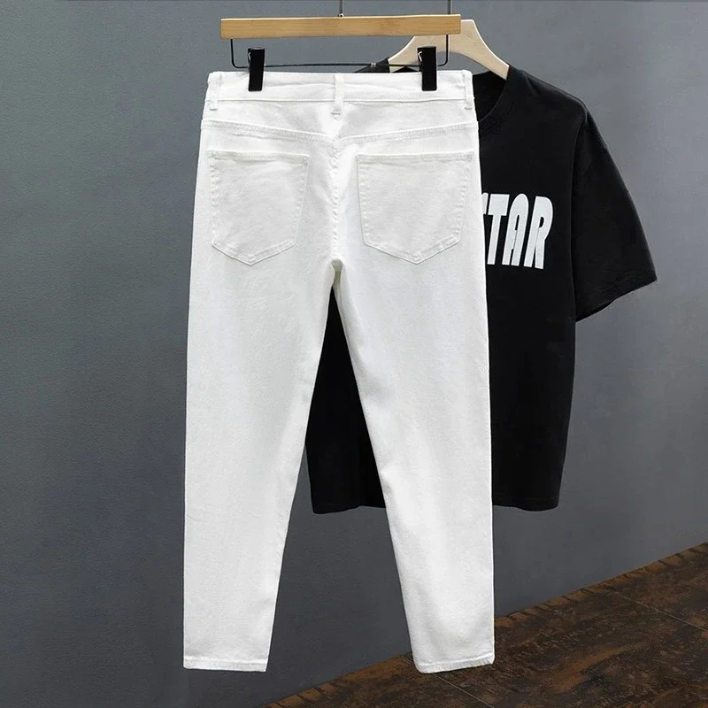 Slim Fit Men's Jeans Spring Summer Thin Cotton Soft Elastic Trendy Ankle Length Pants Straight Korean Simple Denim Trousers