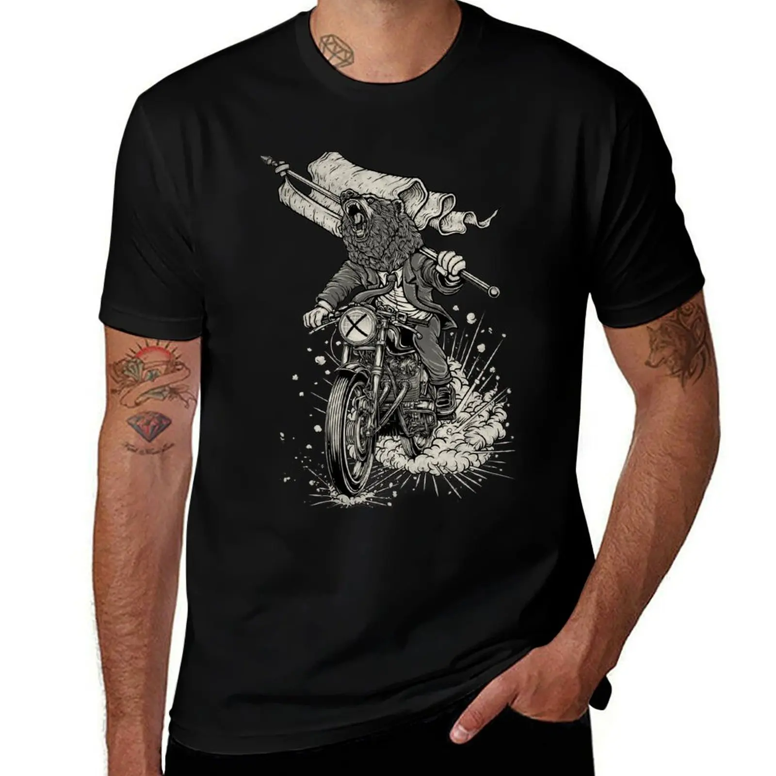 

racer cafe 91 burnout biker No. Winya bear T-Shirt Work Outdoor T-Shirt for Men