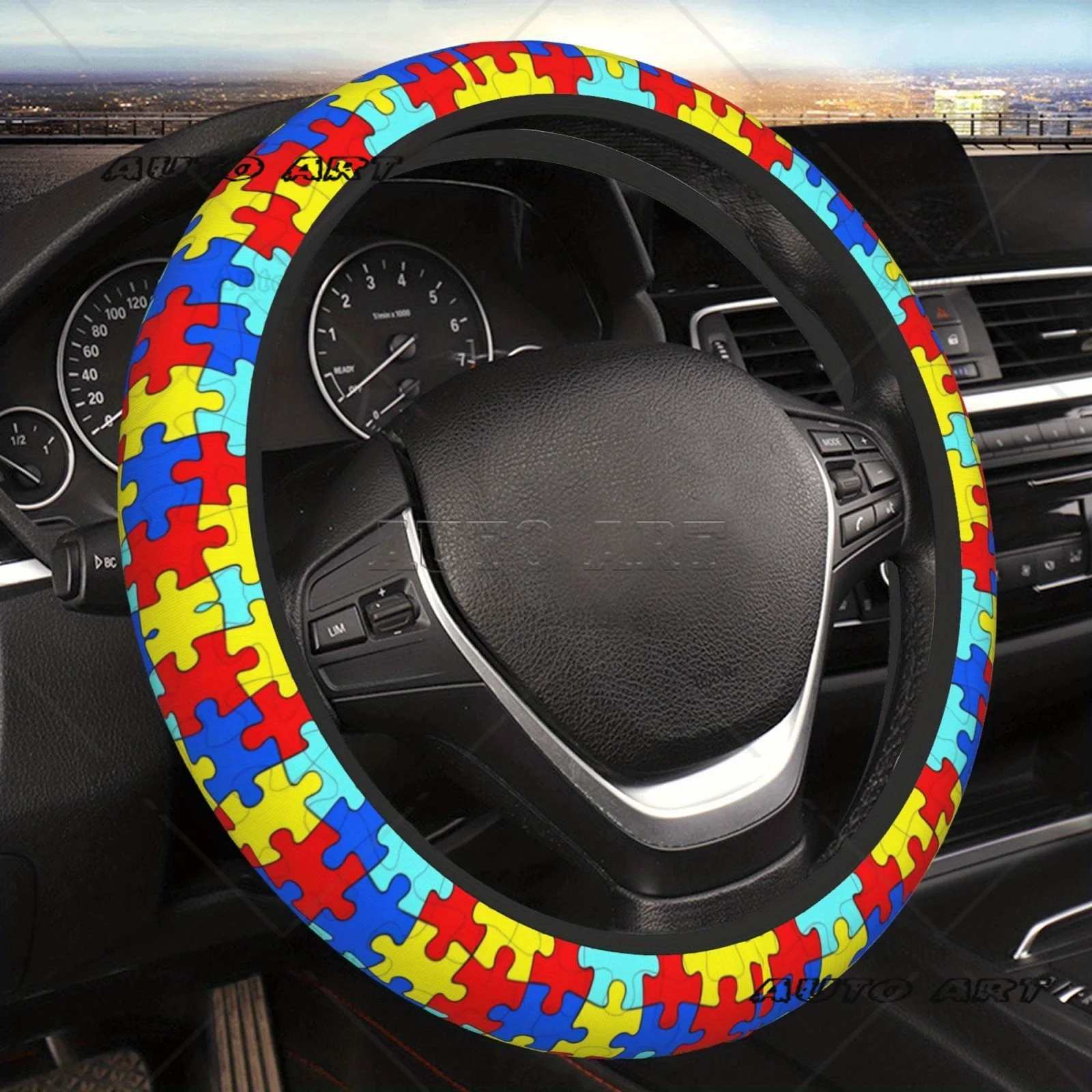 

Colorful Puzzle Steering Wheel Cover Non-Slip Car Wheel Protector Universal Halloween Car Accessories Car SUV Sedan Decorations