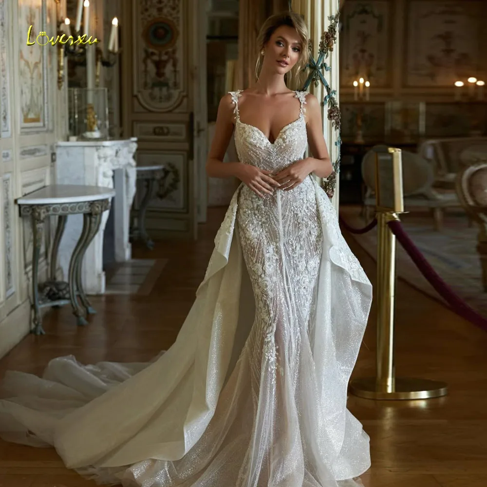 

Loverxu сексуальные свадебные платья русалки для женщин с зубцами Vestido De Novia, кружевное свадебное платье со съемным шлейфом и бисером на заказ