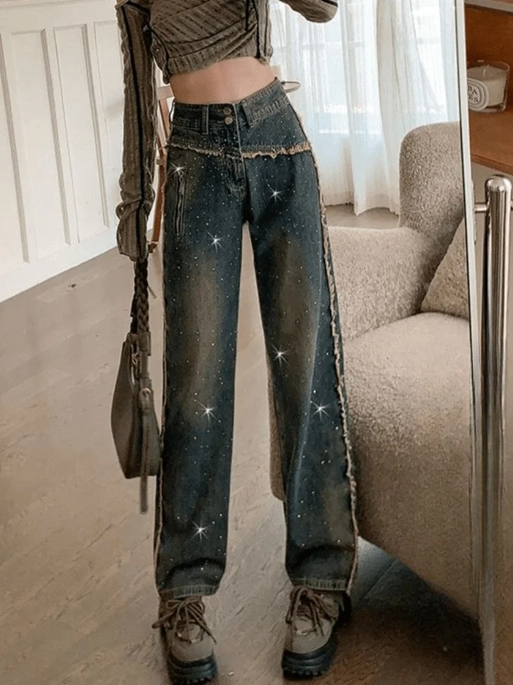 

Модные прямые джинсы для женщин, осенне-зимние, новые, с блестками, с высокой талией, длинные, из смесовой хлопковой ткани