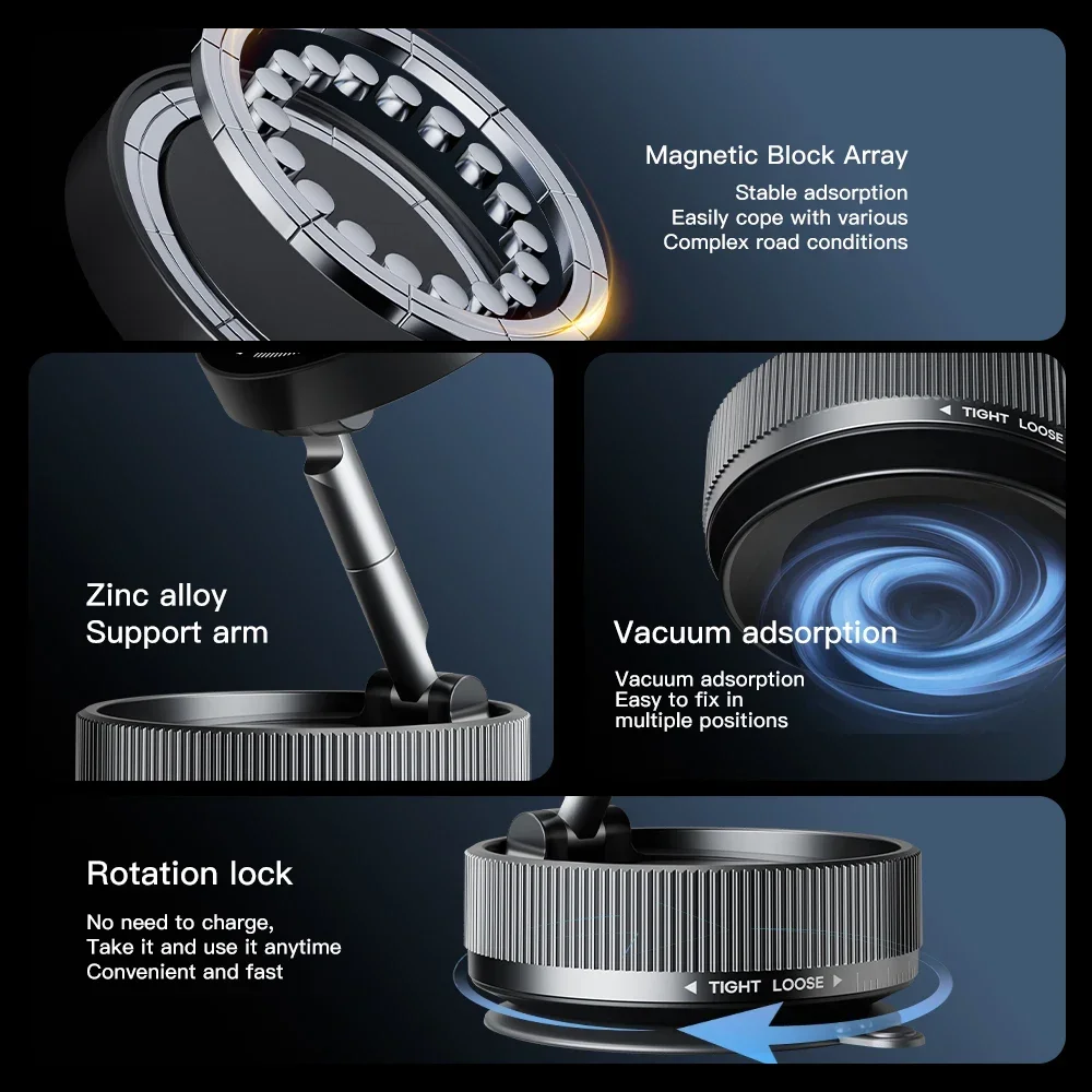 2025 Модернизированный автомобильный держатель для телефона с вакуумной присоской, вращение на 360 градусов, сильная магнитная складная подставка для iphone 16-12 Xiaomi Samsung