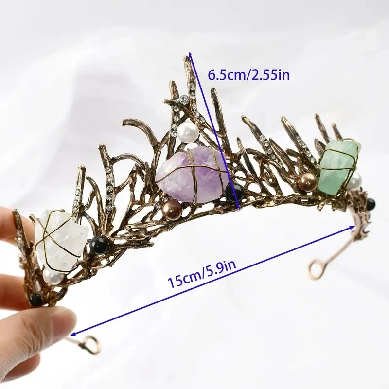 Natural Amethyst WhiteCrystal Fluorite Mermaid Crown Fashion Colorful CrystalVintage MetalCrown Hair Accessories Female 1pc